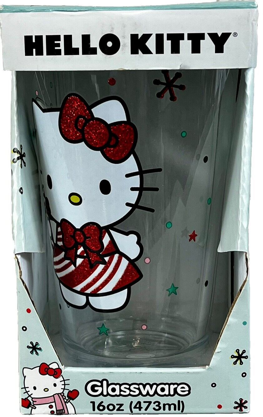 Hello Kitty Christmas Candy Cane Stripped Dress 16oz Glass Cup Seasonal NEW!
